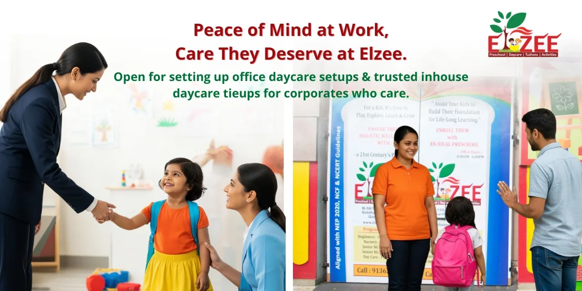 Mother dropping her toddler at Elzee Preschool while staff warmly welcomes the child