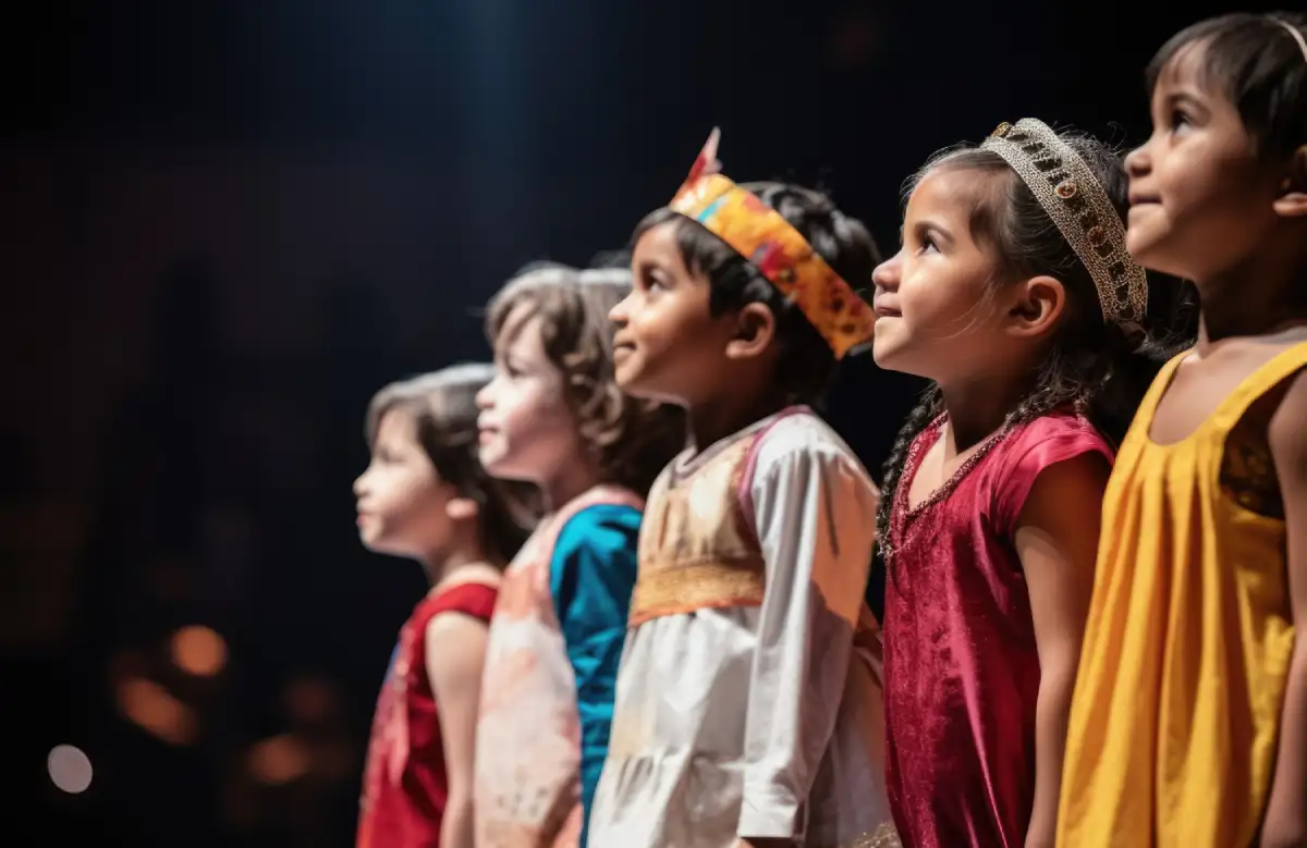 Kids on stage ready to put up a good preschool annual day show in front of parents.