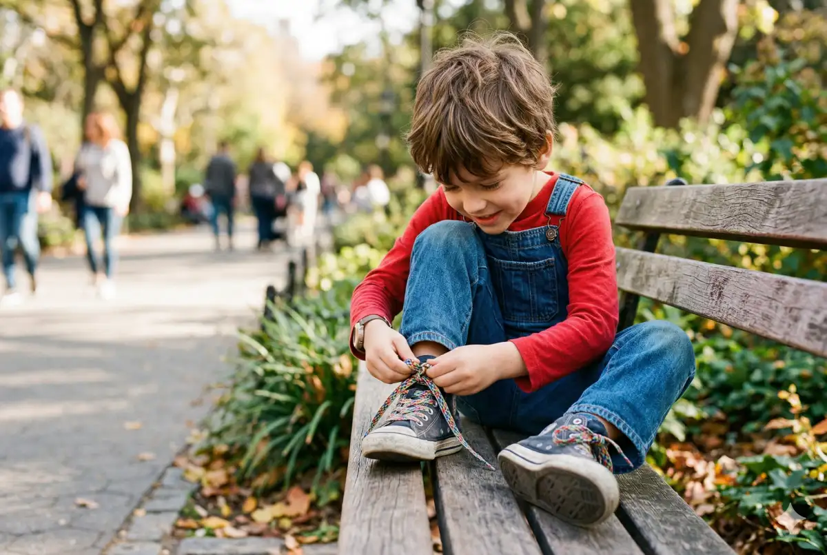 A young boy with brown hair, wearing a red long-sleeved shirt and denim overalls, sits on a wooden park bench while focused on tying the rainbow-colored laces of his blue sneakers. The background shows a sunlit park path with blurred figures of people walking among green and autumn-colored trees.