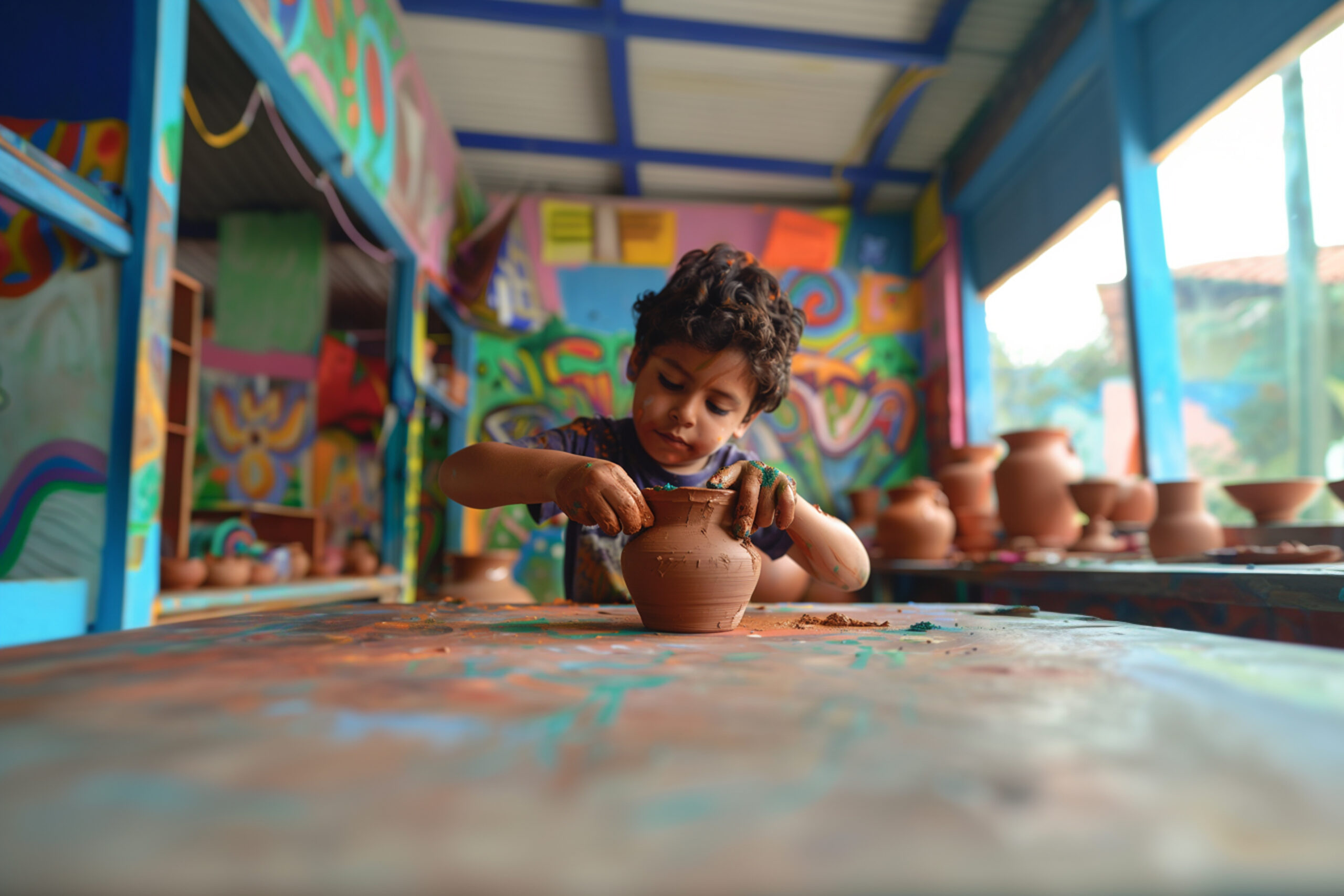 A young child is focused on shaping a clay pot using their hands at a pottery table. The child’s hands are covered in wet clay, showing active engagement in the creative process. The background features a vibrant, colorful workshop filled with artistic wall designs and multiple clay pots placed on shelves and tables.