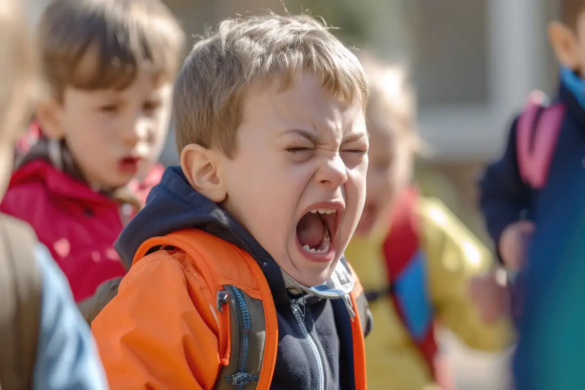Young child screaming or crying outdoors while other children stand nearby