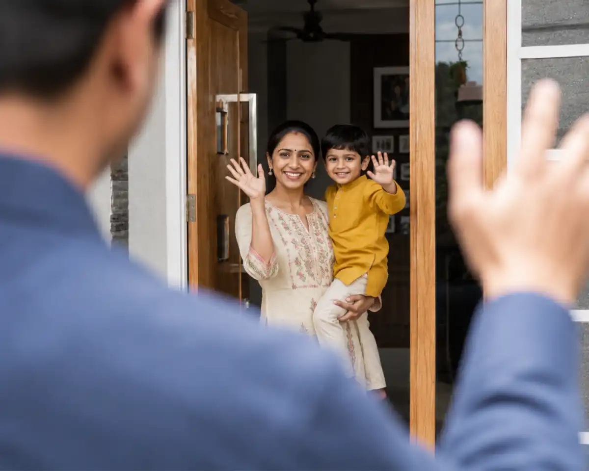 Mother holding her child at the front door, smiling and waving to a visitor outside, representing family relationships, parenting, social connection, and emotional well-being.