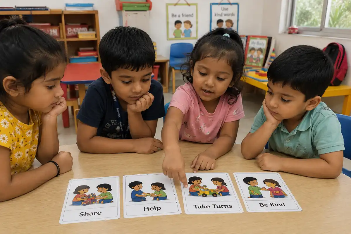 Preschool children sitting together around a table, matching emotion flashcards to learn about feelings, emotional recognition, and social-emotional development in a classroom.