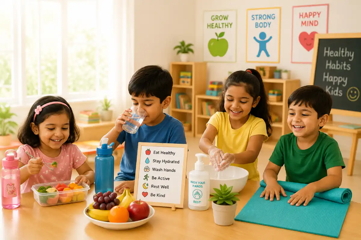 blog 2 Preschool children enjoying a healthy eating activity with fruits and vegetables, learning about nutrition, healthy food choices, and balanced eating in a bright classroom.
