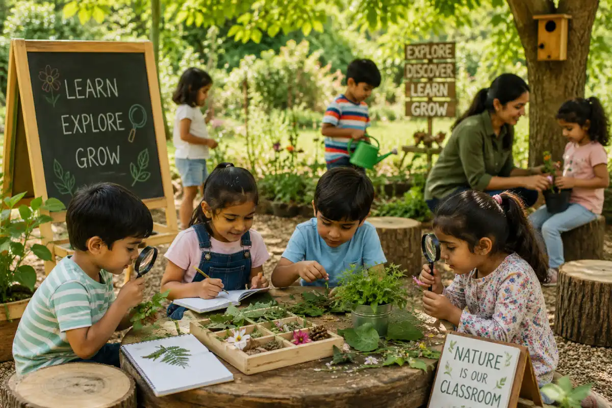ChatGPT Image Aug 21, 2026, 01_42_26 PM (1) Children exploring plants and nature during an outdoor learning activity with a teacher in a garden classroom.
