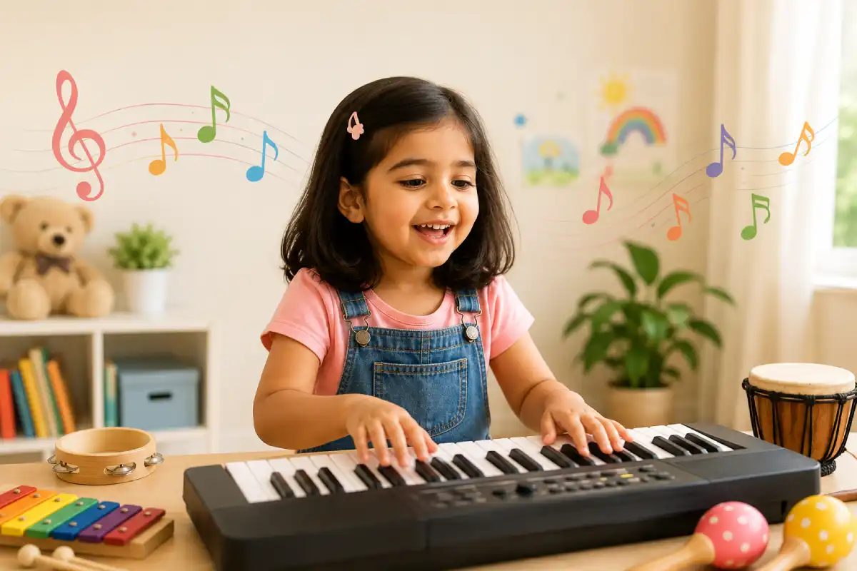 Young girl playing a keyboard during a fun and engaging music activity for kids.