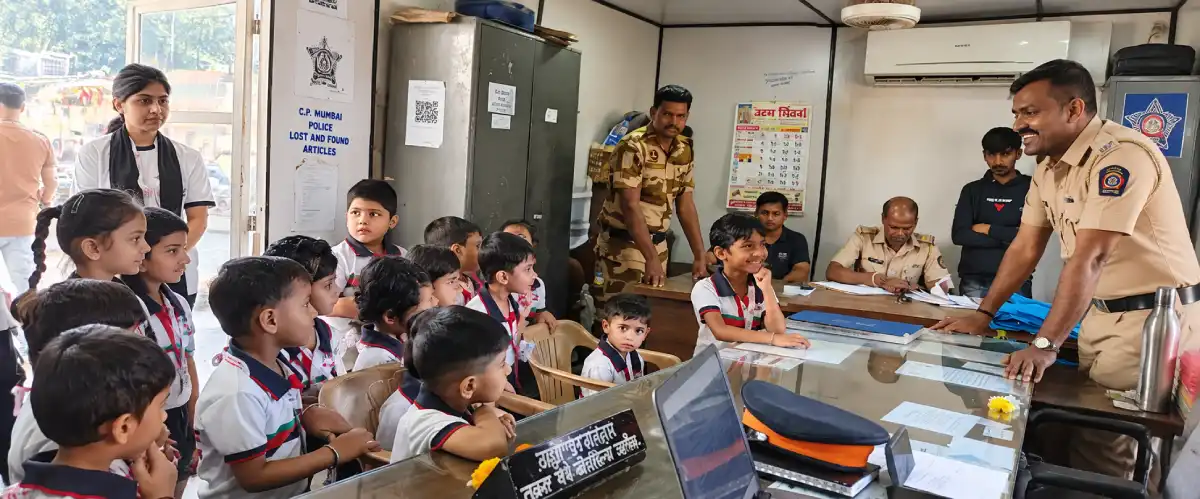 Preschool children visiting a Mumbai police station and interacting with police officers during an educational visit