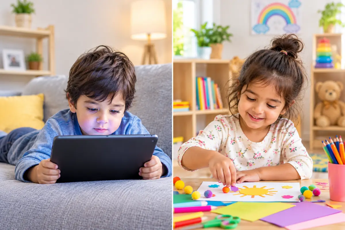 Screen Time vs Creative Play oddler screen time vs creative play at home with a child using a tablet and another enjoying drawing and arts and crafts activities