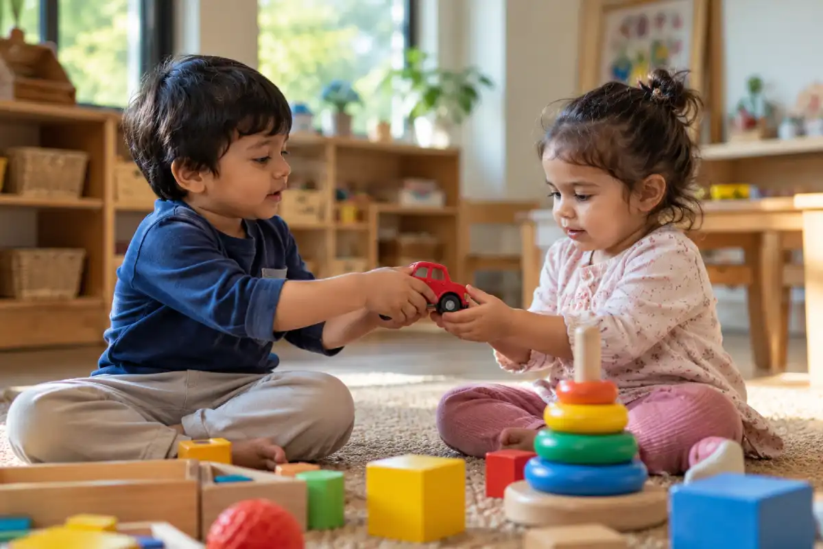 Two preschool children sharing colourful educational toys during a playful classroom activity, developing social skills and cooperation.